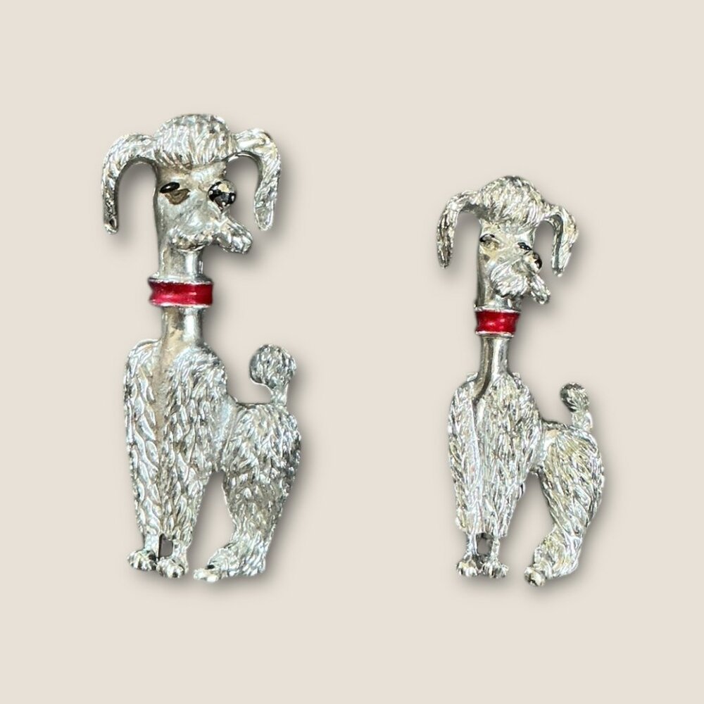 Lot Of 2 Silver Poodle Brooches With Red Collar Details 1.75" & 1.5" Vintage Sty